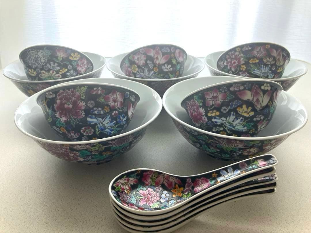 景徳鎮　花柄　陶器　レンゲ　丼　鉢　スープ　茶碗　中国　骨董　希少　レア