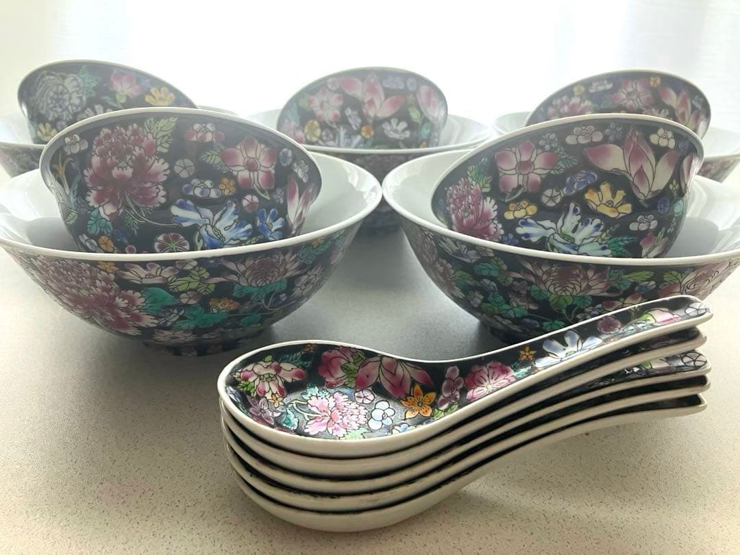 景徳鎮　花柄　陶器　レンゲ　丼　鉢　スープ　茶碗　中国　骨董　希少　レア