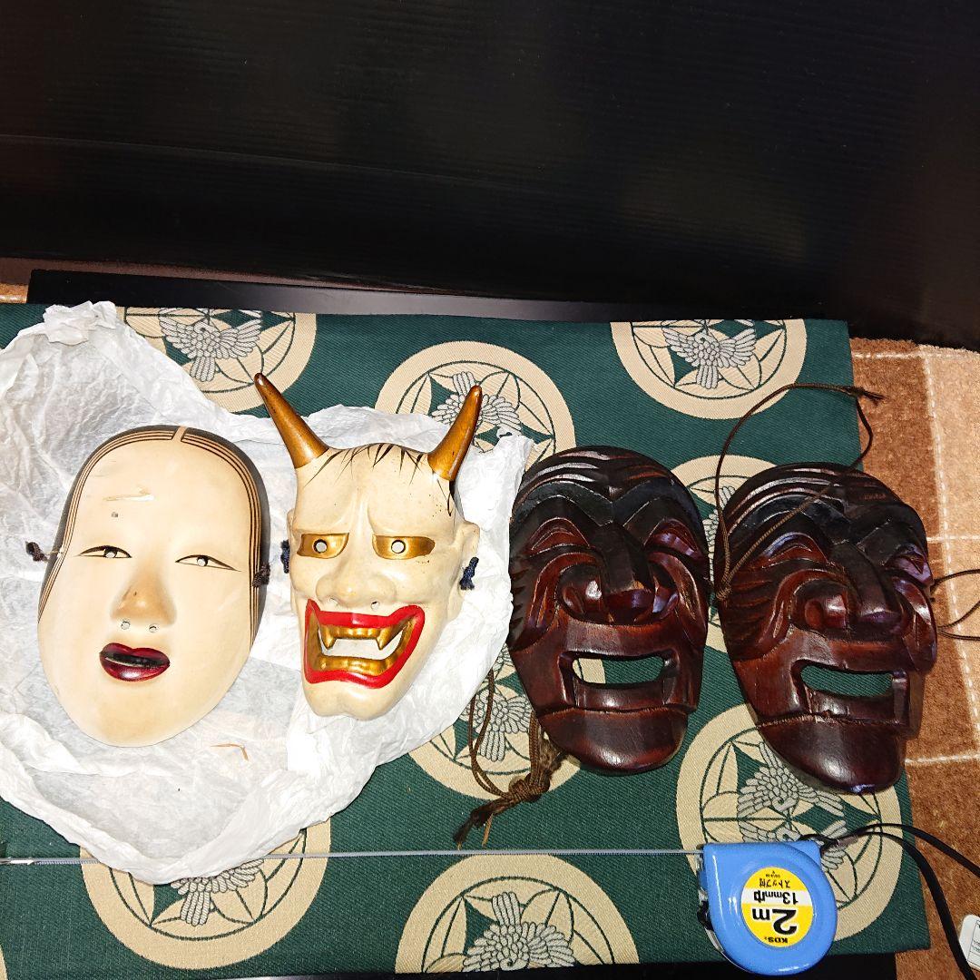 木製面、アンティーク陶器面お多福、般若