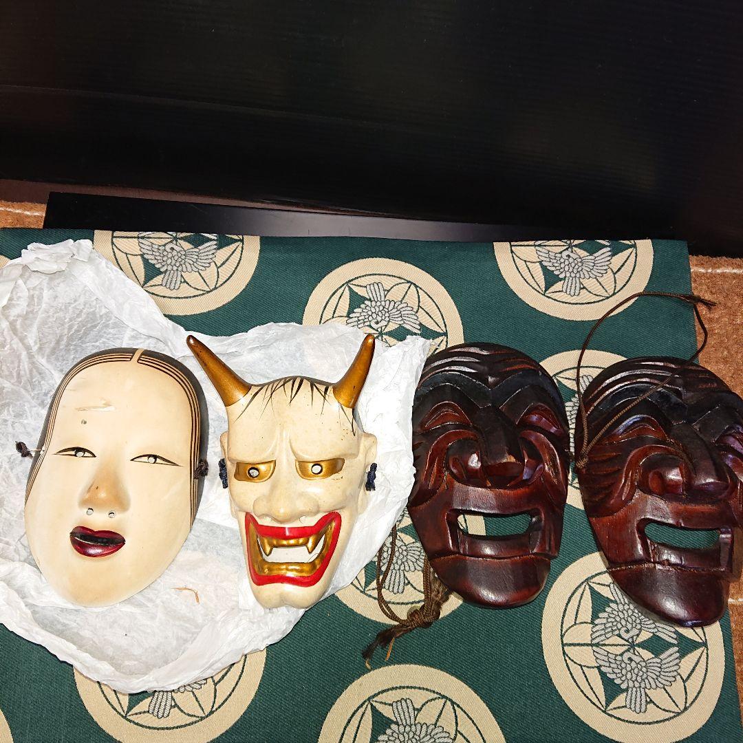 木製面、アンティーク陶器面お多福、般若