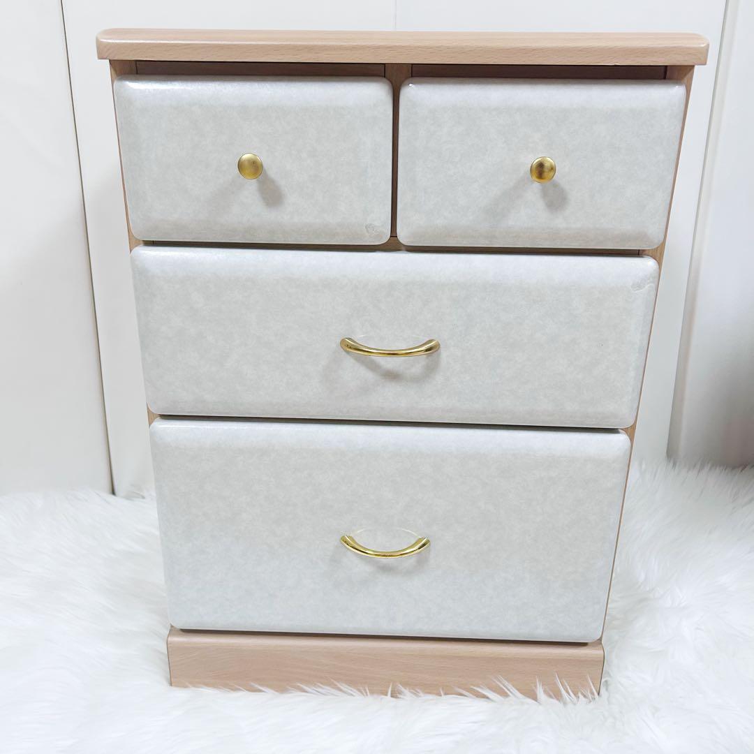 大理石調　サイドチェスト　コンパクト　ナイトボード　3段4杯　ゴールド