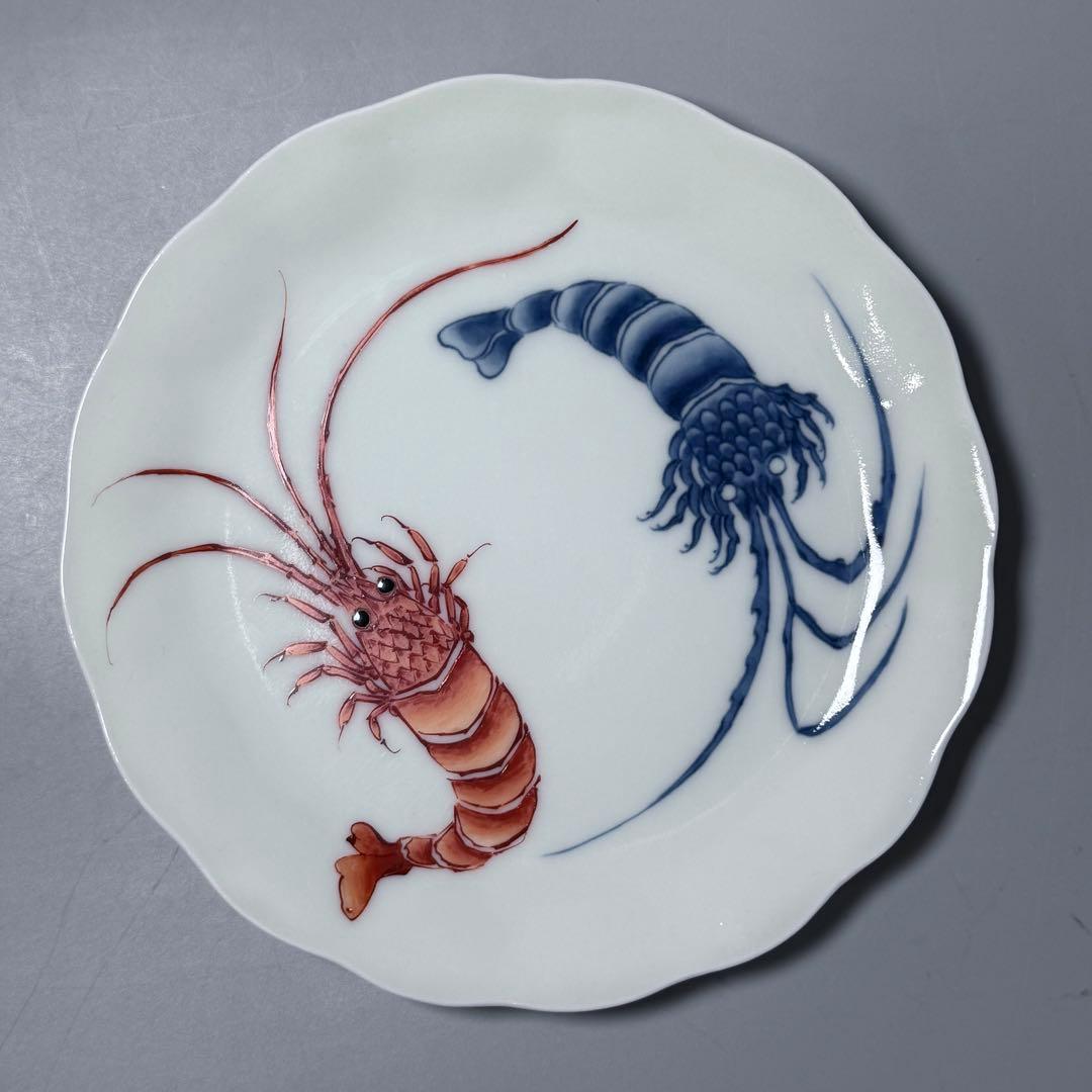 昭和初期　十一代今右衛門　今泉今右衛門　錦　海老文様皿　五枚　共箱　希少菱形窯印