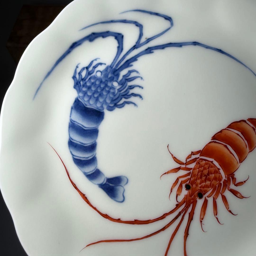 昭和初期　十一代今右衛門　今泉今右衛門　錦　海老文様皿　五枚　共箱　希少菱形窯印