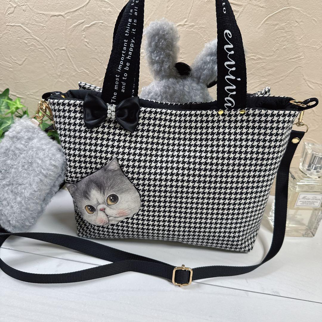 ゆ*ら様 コヤンイサムチョン♡ハチワレにゃん勢揃い！千鳥格子のトートバッグ♡ジョ
