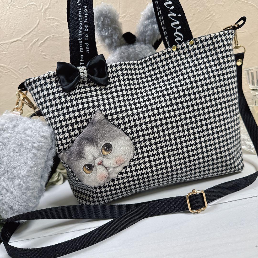 ゆ*ら様 コヤンイサムチョン♡ハチワレにゃん勢揃い！千鳥格子のトートバッグ♡ジョ