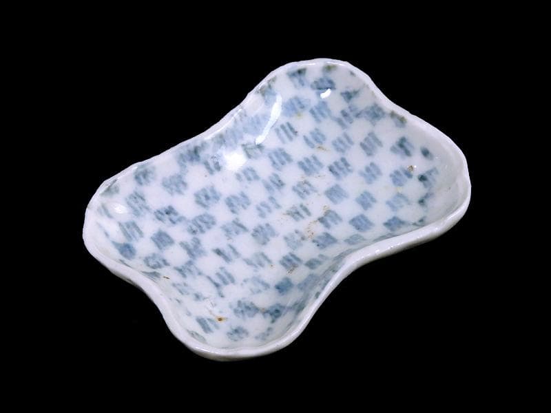 古伊万里　型刷印判　幾何学　市松紋様の図　変形皿　江戸期　AS-fbro