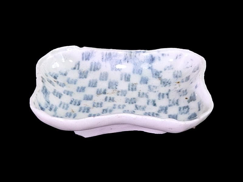 古伊万里　型刷印判　幾何学　市松紋様の図　変形皿　江戸期　AS-fbro