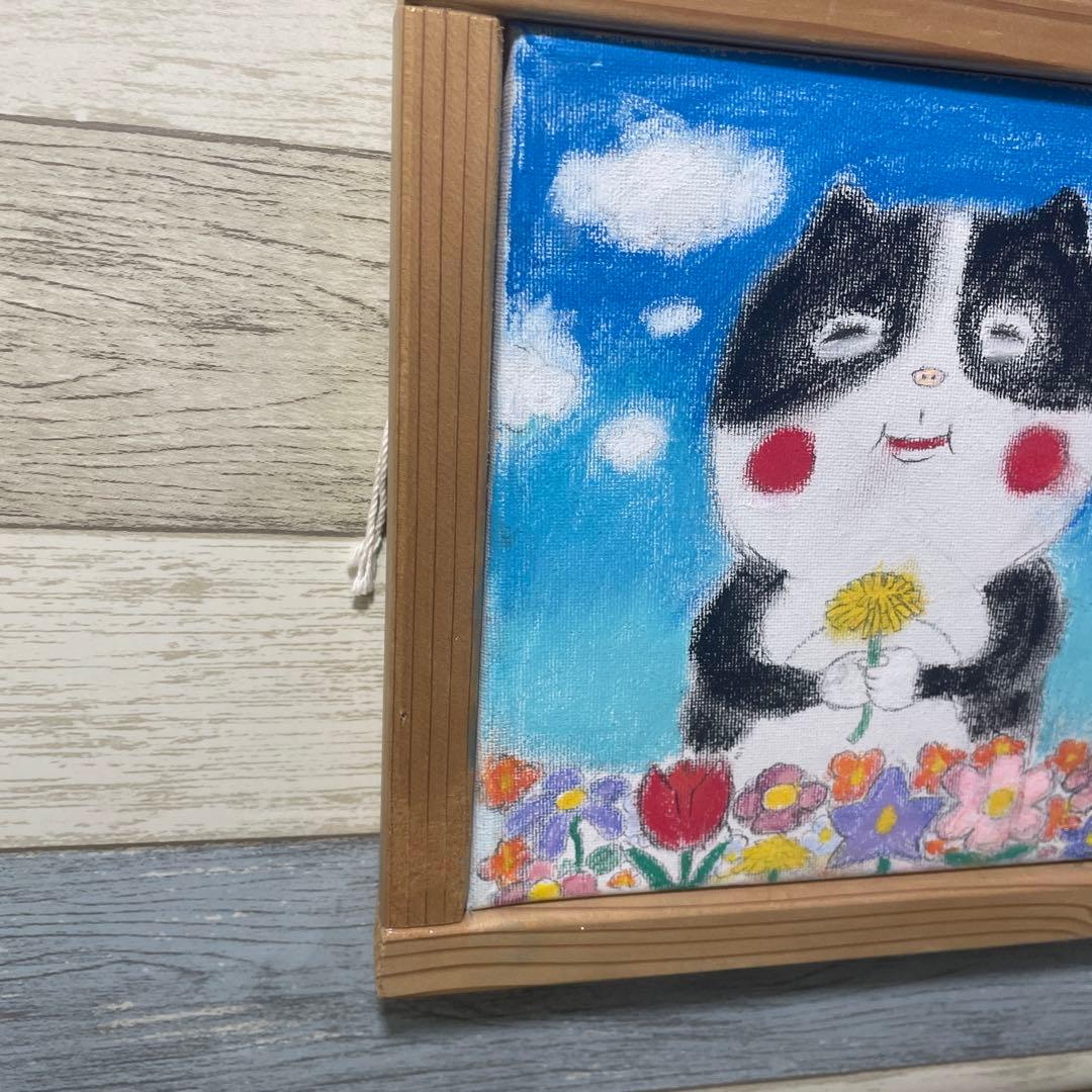 ハチワレ　花畑にて　手描き絵画 猫　絵画