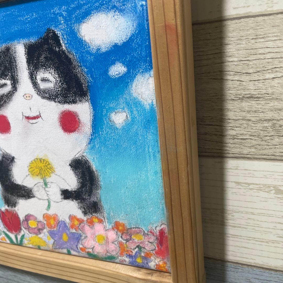 ハチワレ　花畑にて　手描き絵画 猫　絵画