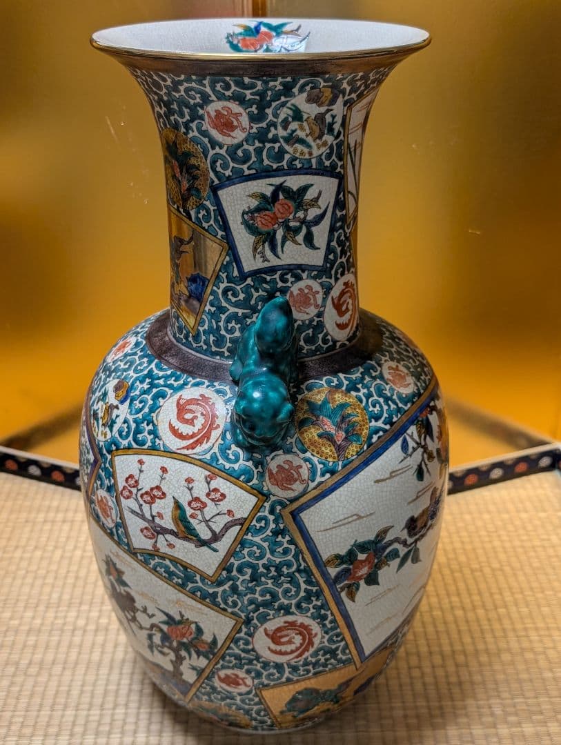 九谷焼　角福　青手　壺　花瓶 『双耳飾壺』