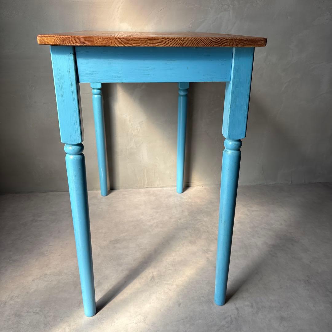 カントリー風 木製テーブル デスク 引き出し付き 水色 アンティーク風