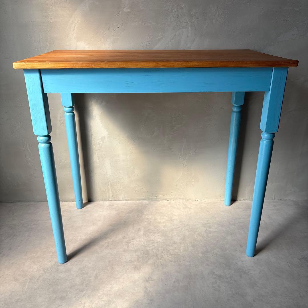 カントリー風 木製テーブル デスク 引き出し付き 水色 アンティーク風
