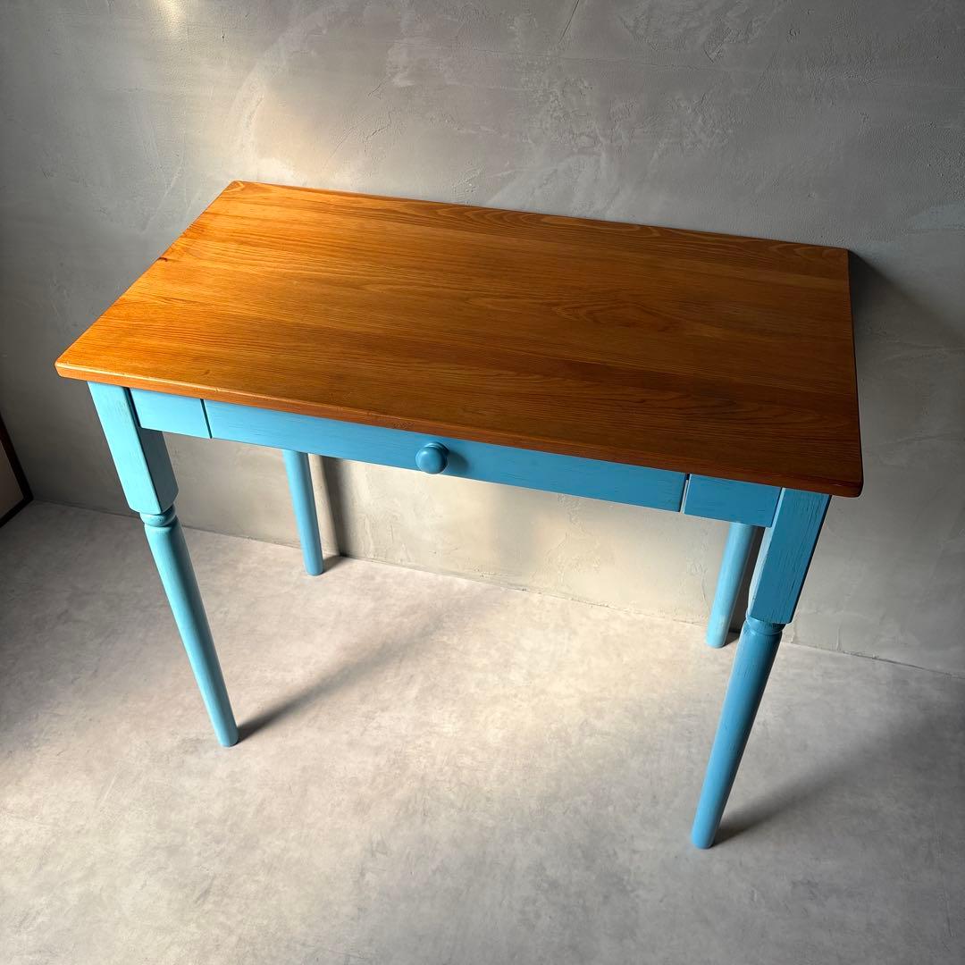 カントリー風 木製テーブル デスク 引き出し付き 水色 アンティーク風