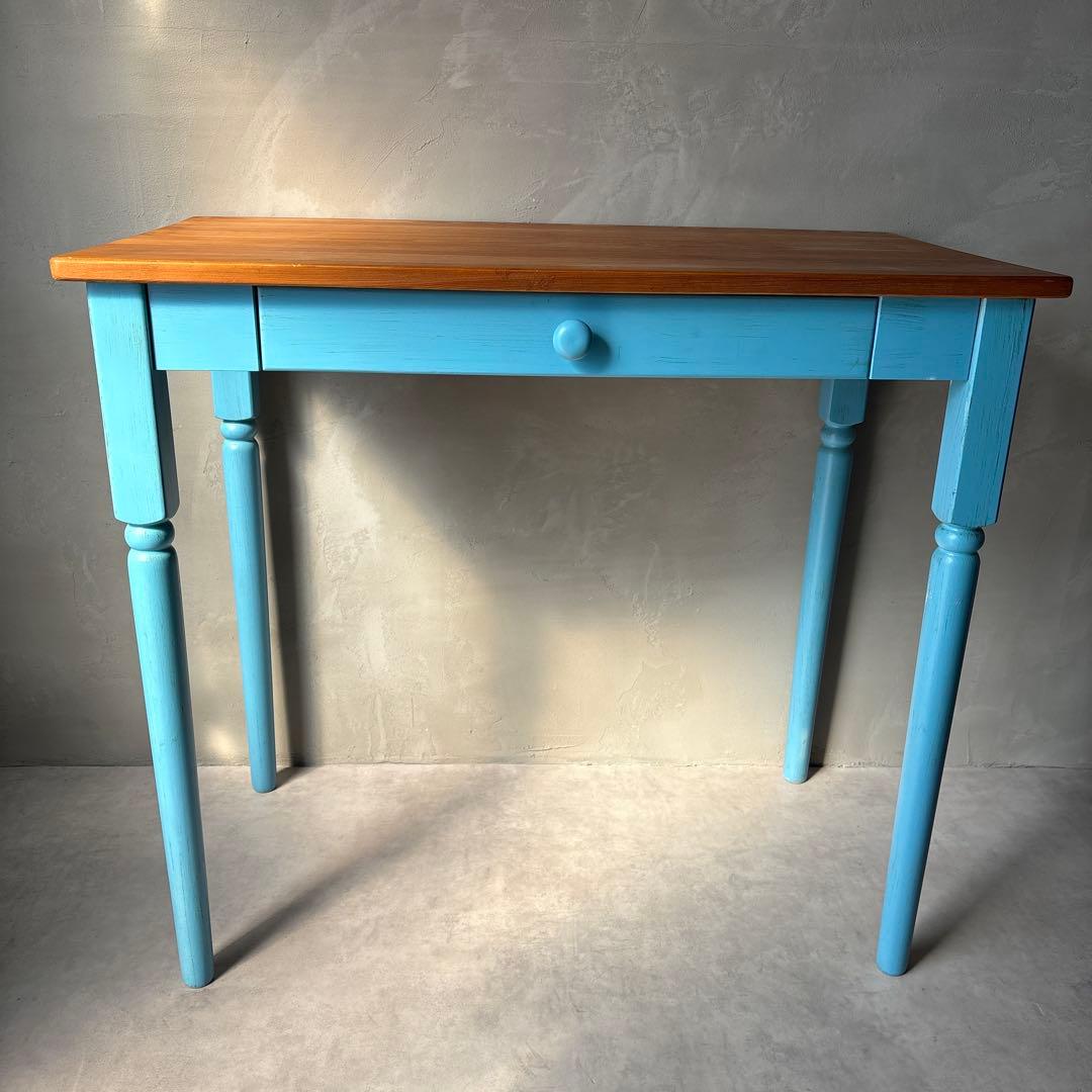 カントリー風 木製テーブル デスク 引き出し付き 水色 アンティーク風
