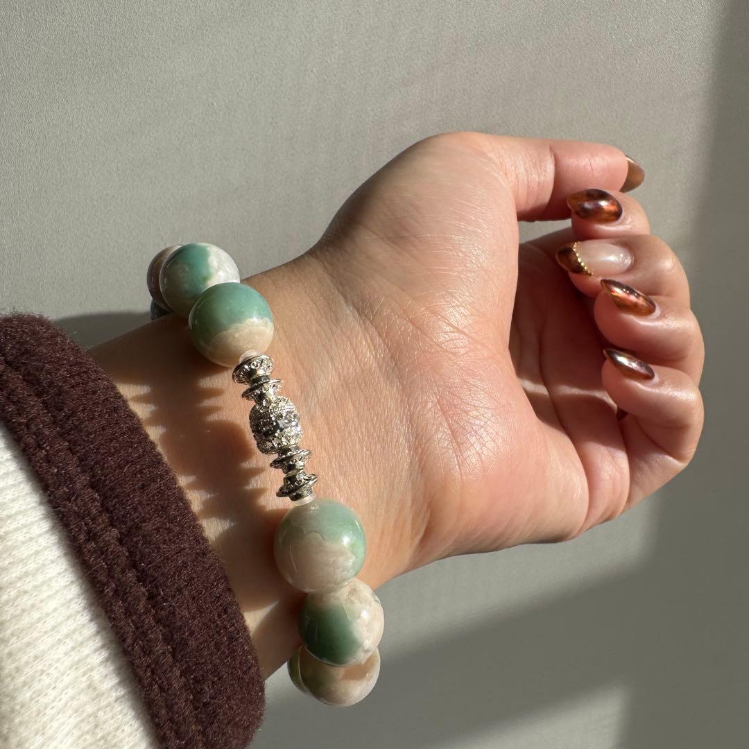 一点物　天然石　ハンドメイドブレス　グリーン　桜瑪瑙　ジャスミンブレス　高品質