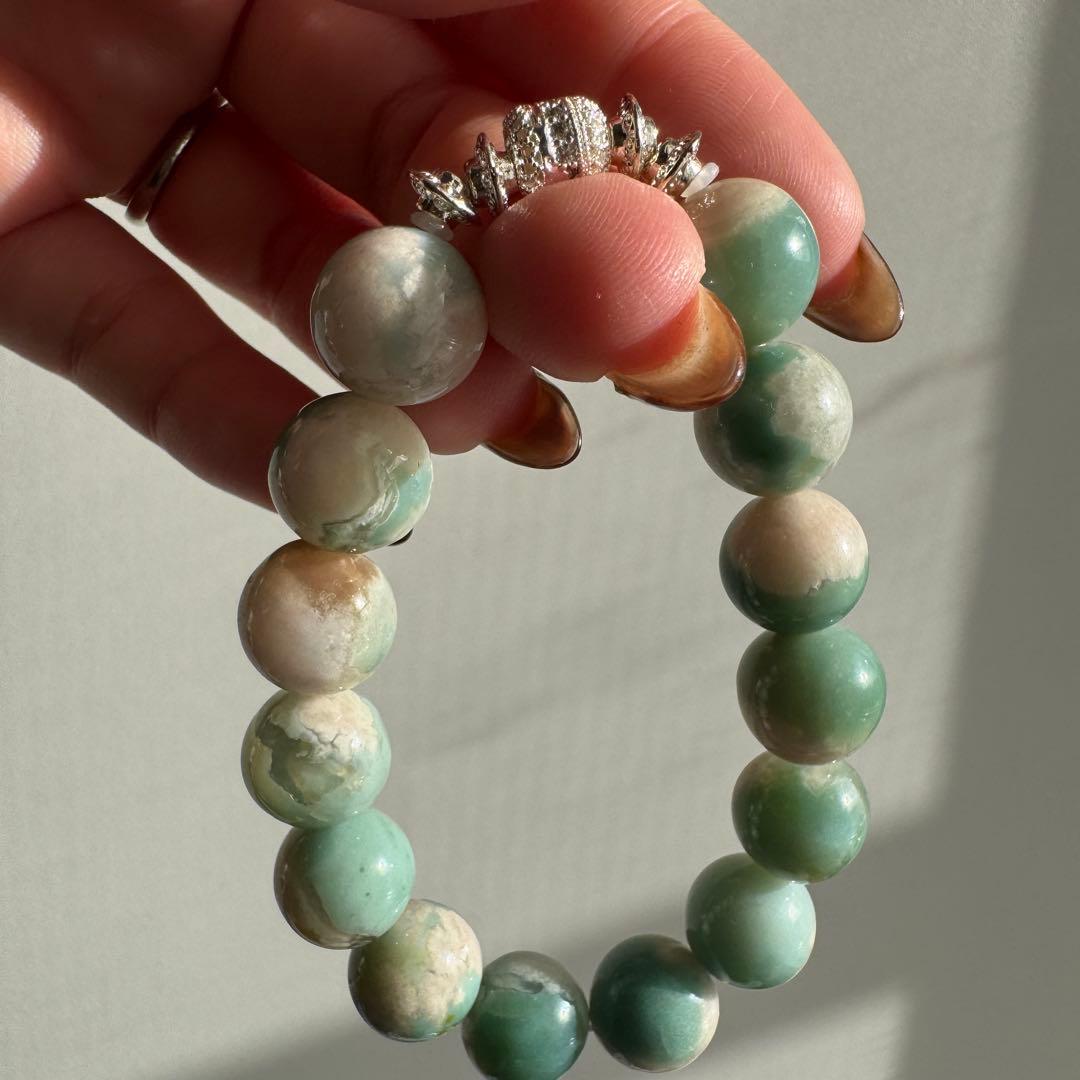 一点物　天然石　ハンドメイドブレス　グリーン　桜瑪瑙　ジャスミンブレス　高品質