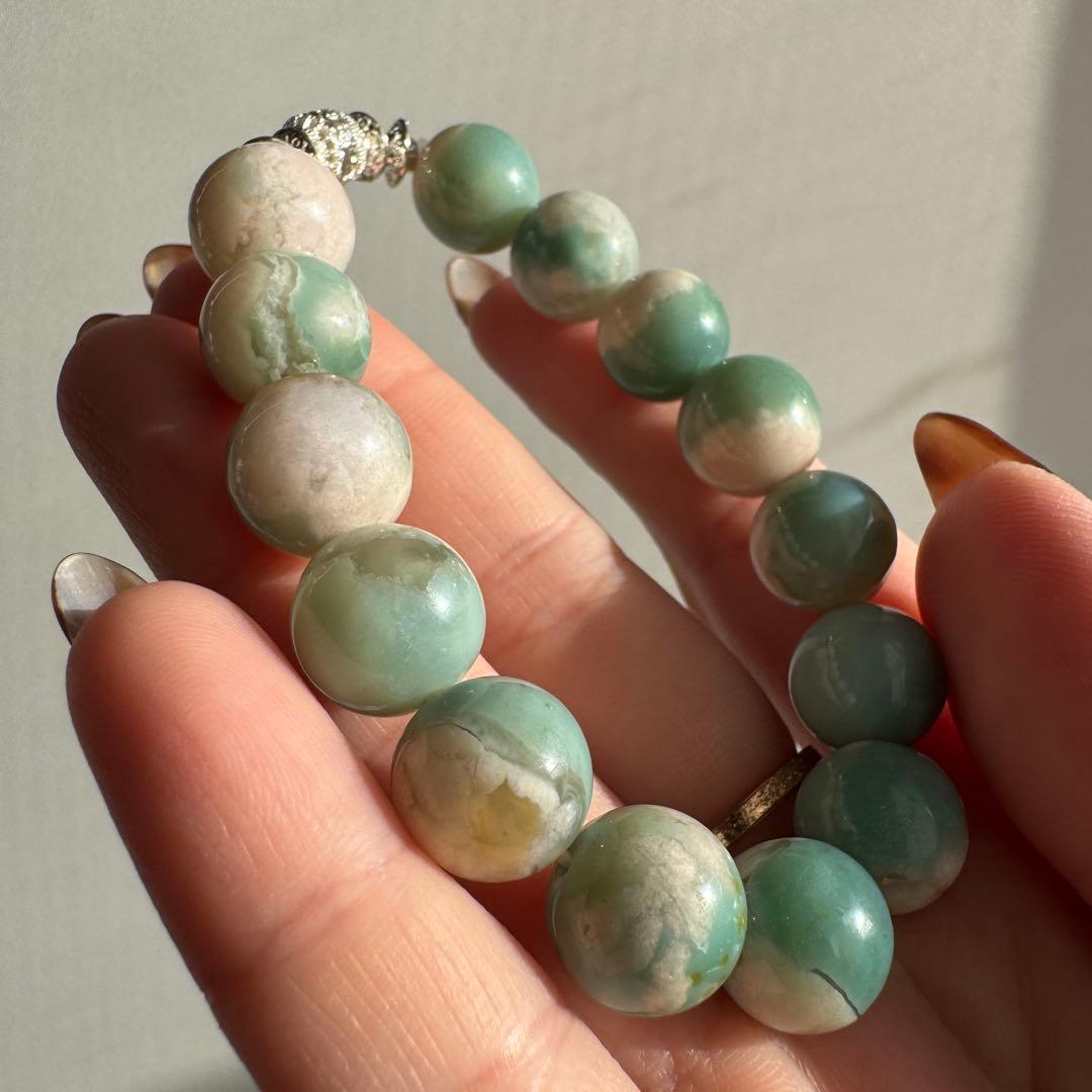 一点物　天然石　ハンドメイドブレス　グリーン　桜瑪瑙　ジャスミンブレス　高品質