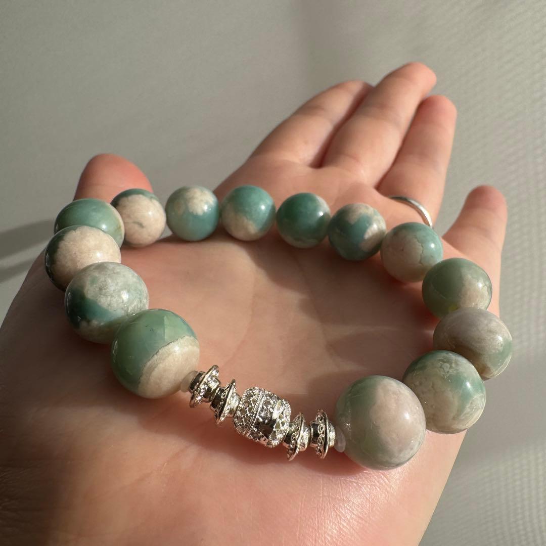 一点物　天然石　ハンドメイドブレス　グリーン　桜瑪瑙　ジャスミンブレス　高品質