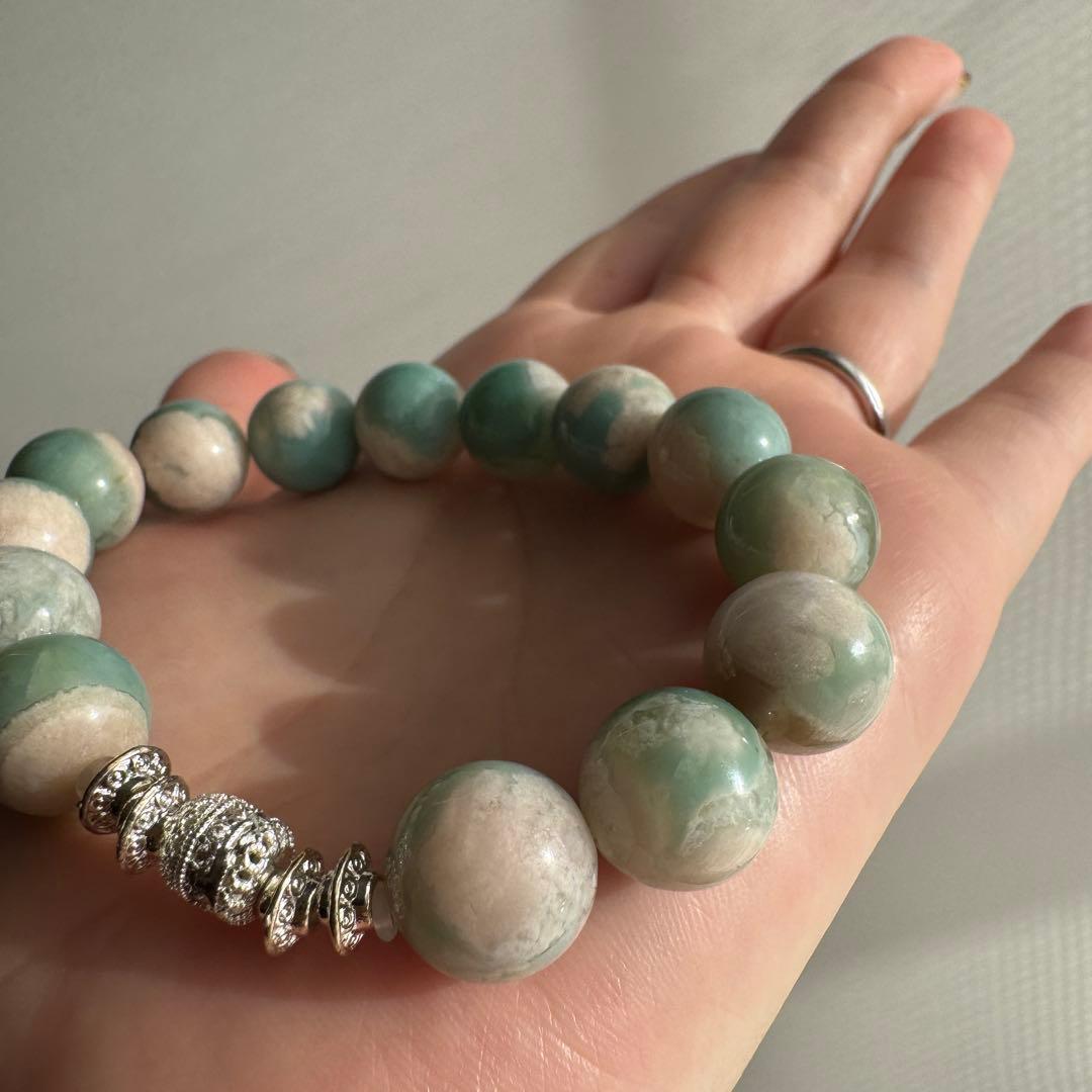 一点物　天然石　ハンドメイドブレス　グリーン　桜瑪瑙　ジャスミンブレス　高品質