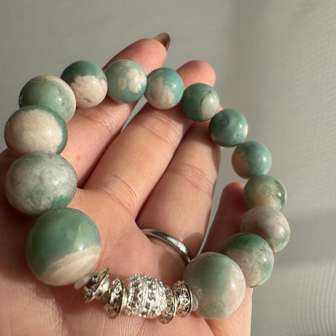 一点物　天然石　ハンドメイドブレス　グリーン　桜瑪瑙　ジャスミンブレス　高品質