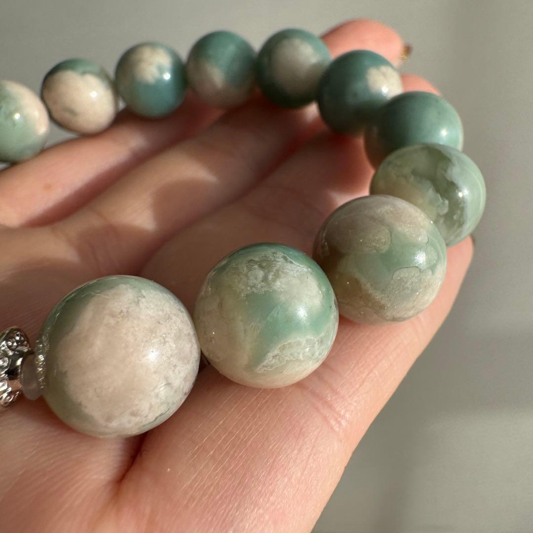 一点物　天然石　ハンドメイドブレス　グリーン　桜瑪瑙　ジャスミンブレス　高品質