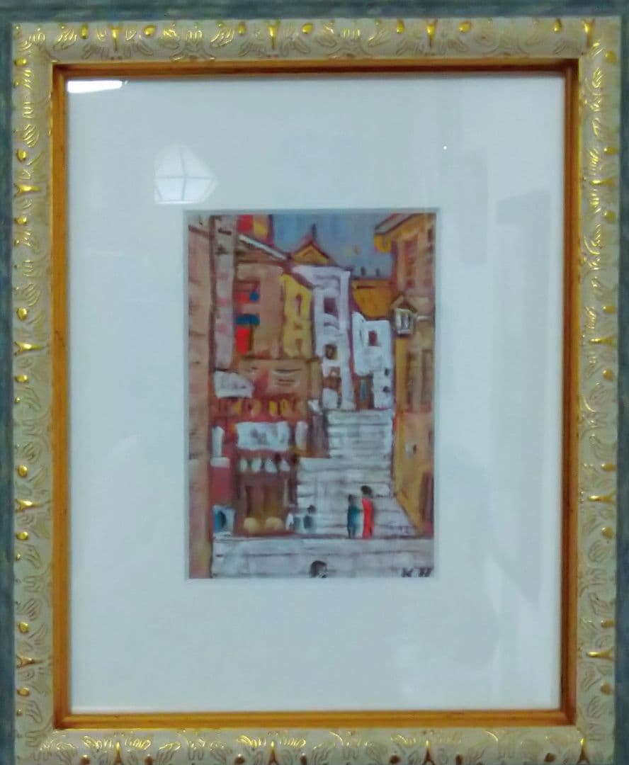 絵画、石段のある街（ポルトガル リスボン）東 孝太郎 本人直筆サイン＆印