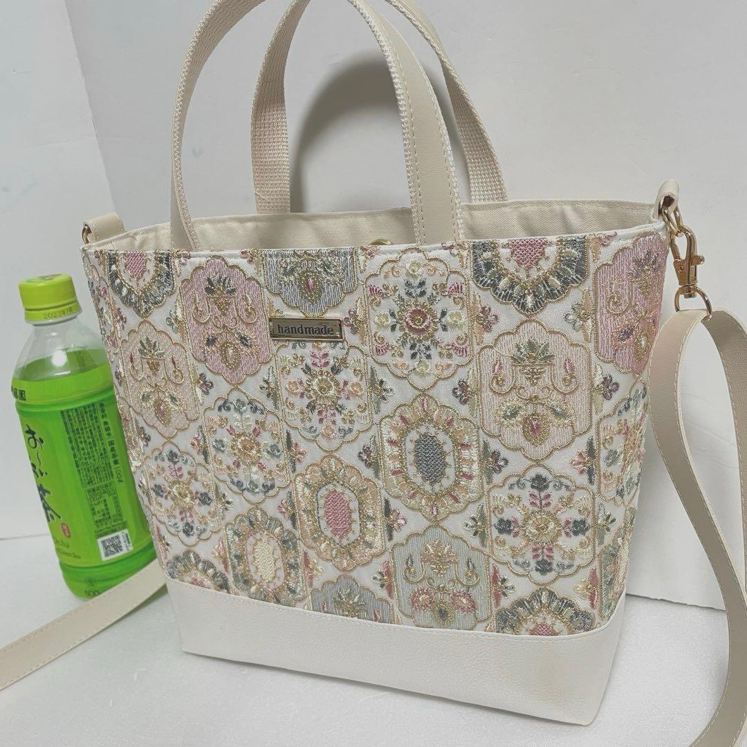 インド刺繍新色ゴールドオレンジ系と合皮　新サイズMトートバッグ　2wayタイプ