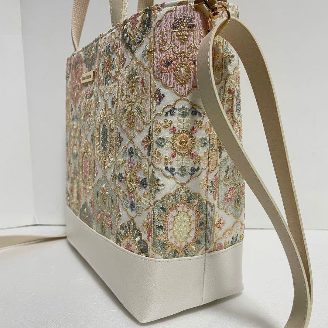 インド刺繍新色ゴールドオレンジ系と合皮　新サイズMトートバッグ　2wayタイプ
