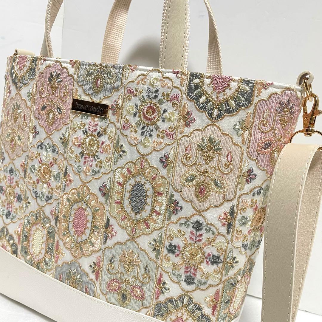 インド刺繍新色ゴールドオレンジ系と合皮　新サイズMトートバッグ　2wayタイプ