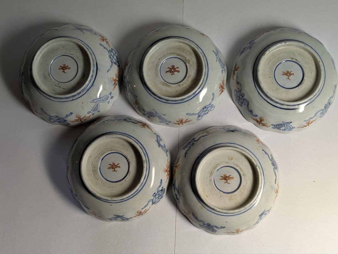 古伊万里、金襴手、『色絵金彩三方窓絵鳳凰花竹文輪花皿』、5客、銘「花柄」有、箱無