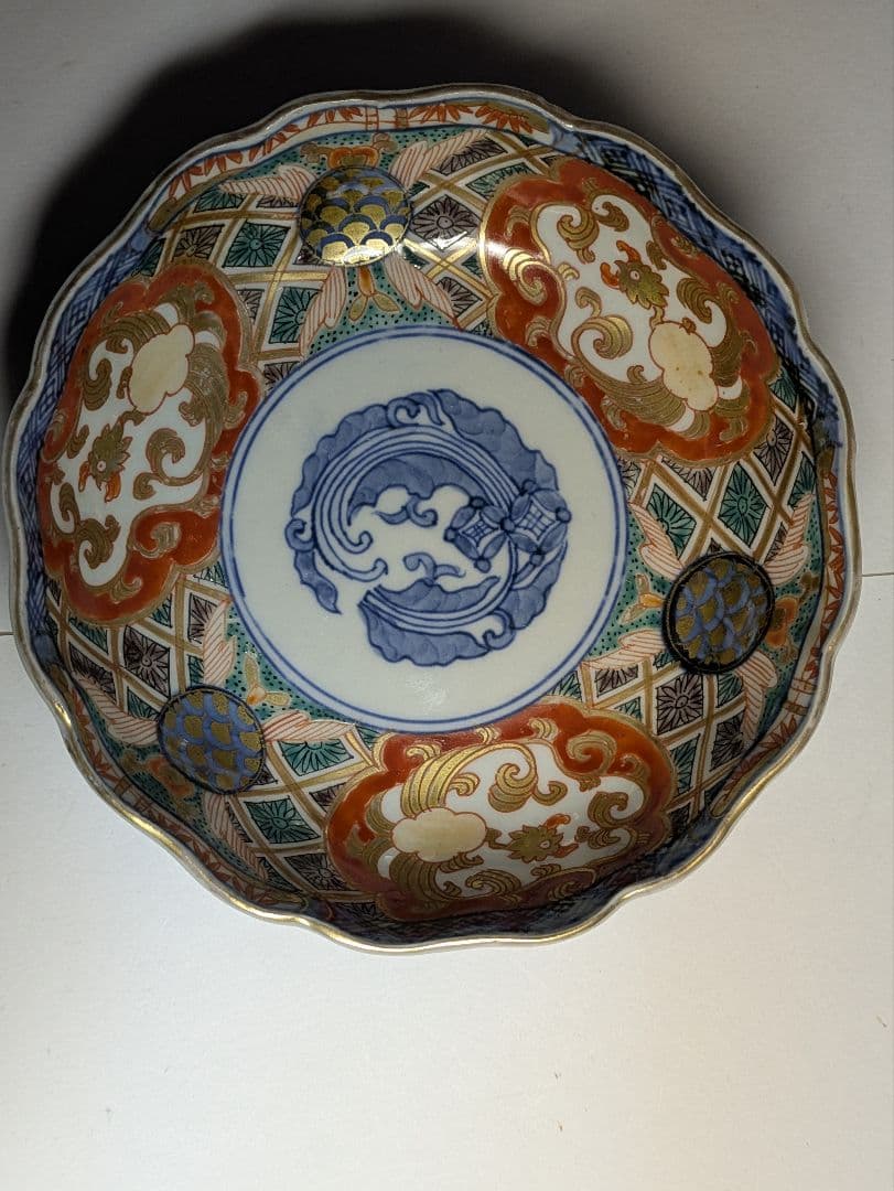 古伊万里、金襴手、『色絵金彩三方窓絵鳳凰花竹文輪花皿』、5客、銘「花柄」有、箱無