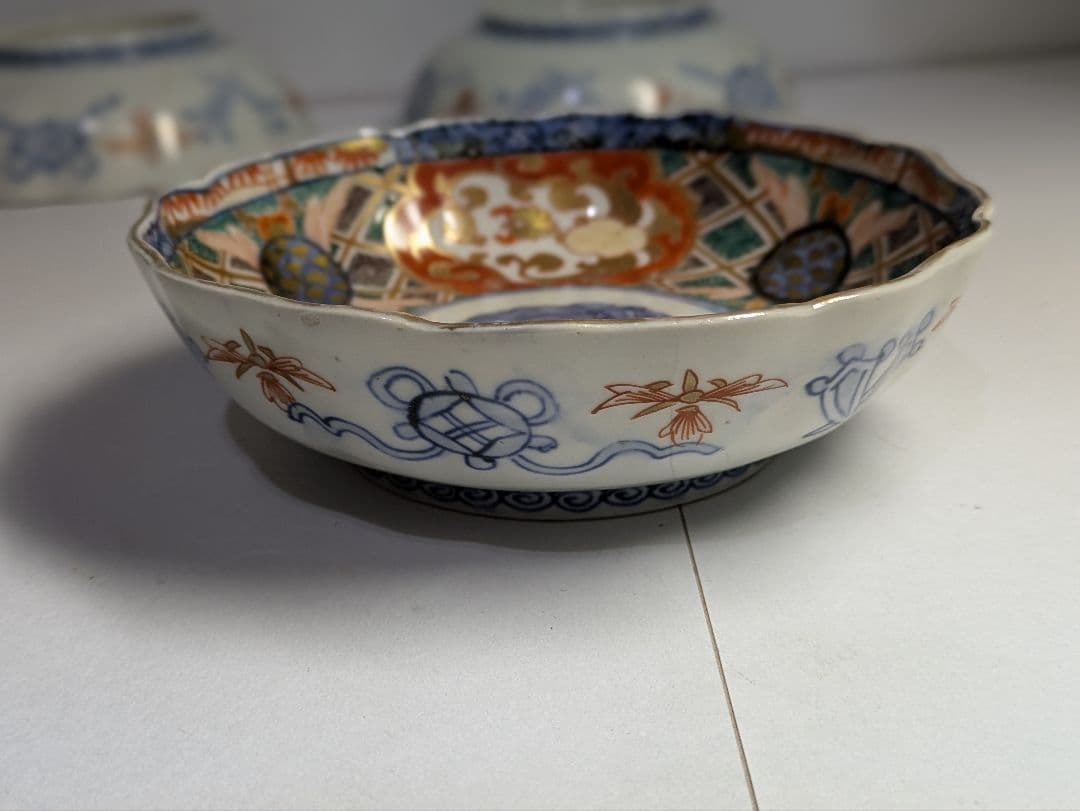 古伊万里、金襴手、『色絵金彩三方窓絵鳳凰花竹文輪花皿』、5客、銘「花柄」有、箱無