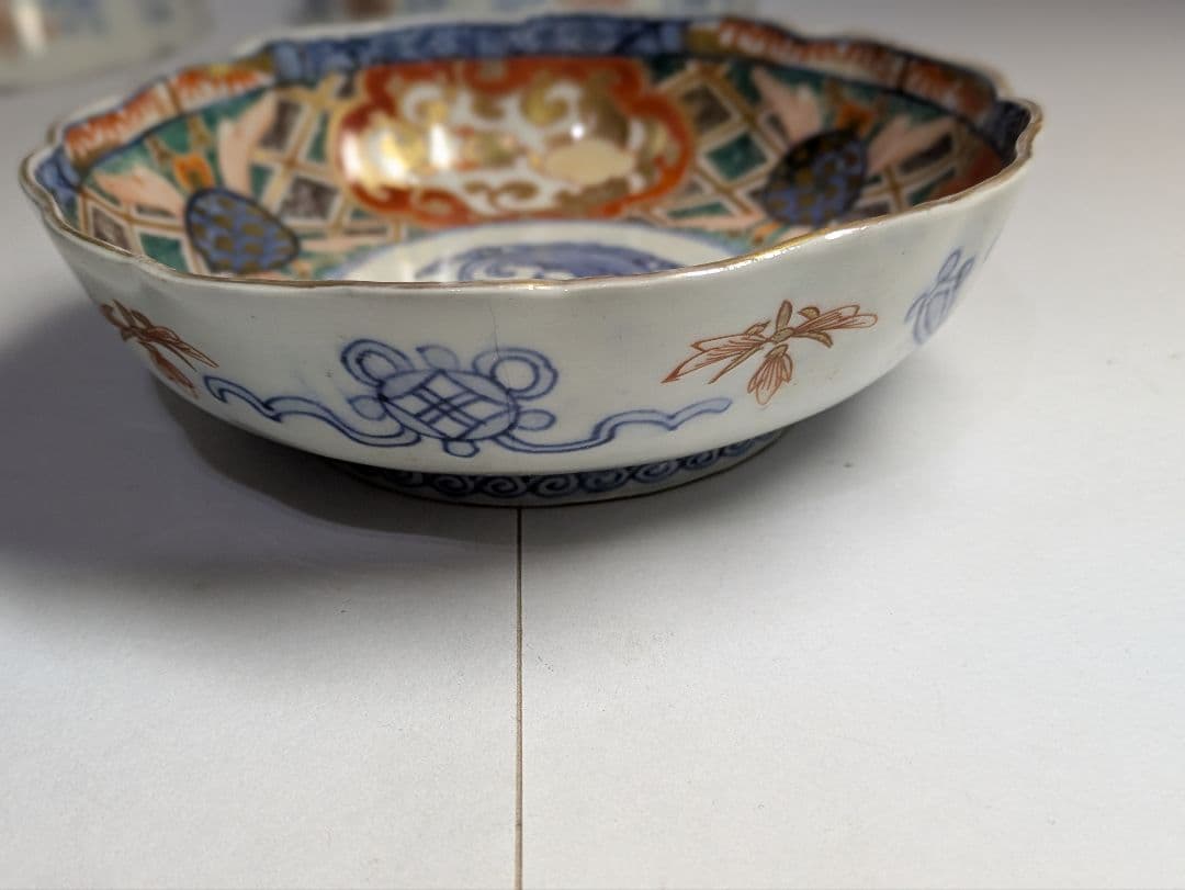 古伊万里、金襴手、『色絵金彩三方窓絵鳳凰花竹文輪花皿』、5客、銘「花柄」有、箱無