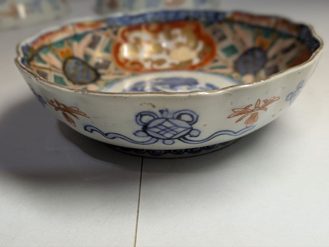 古伊万里、金襴手、『色絵金彩三方窓絵鳳凰花竹文輪花皿』、5客、銘「花柄」有、箱無