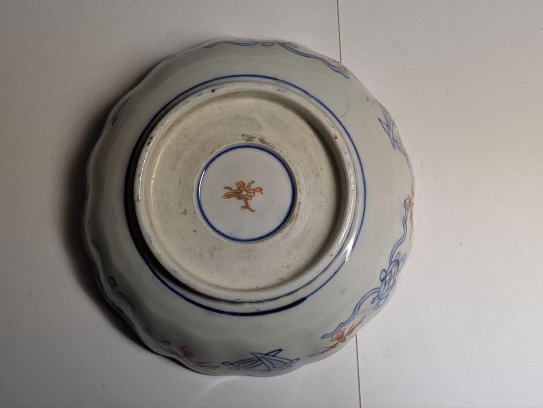 古伊万里、金襴手、『色絵金彩三方窓絵鳳凰花竹文輪花皿』、5客、銘「花柄」有、箱無