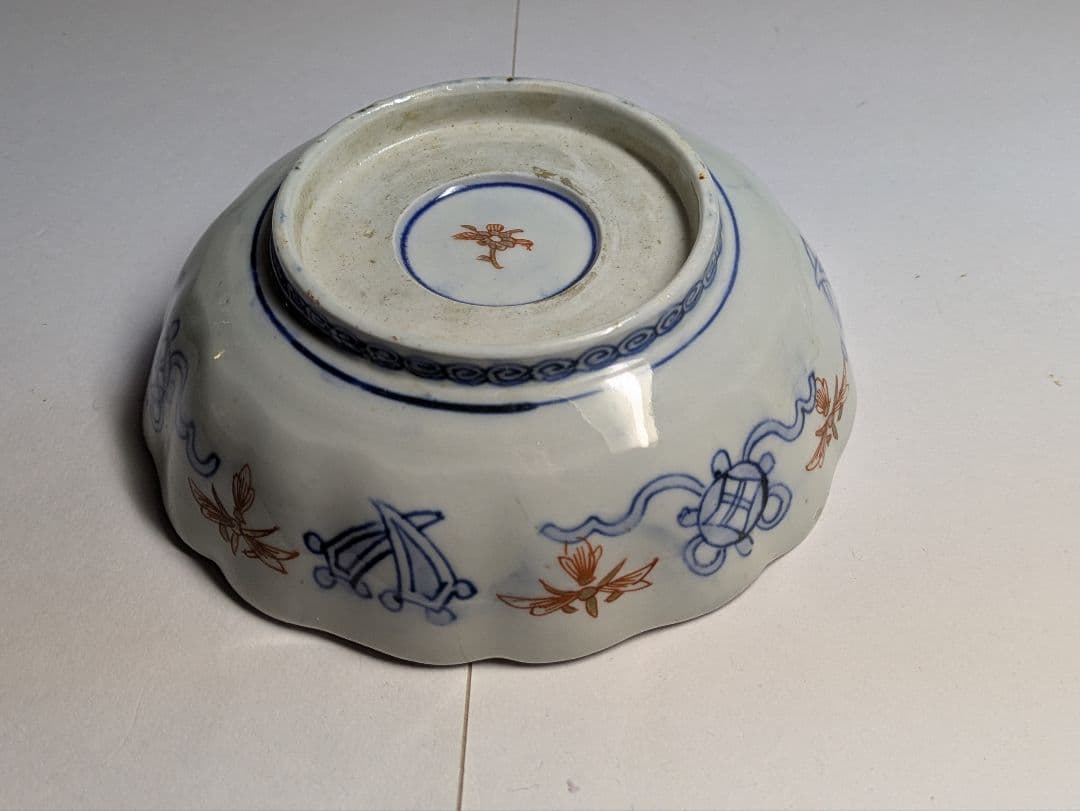 古伊万里、金襴手、『色絵金彩三方窓絵鳳凰花竹文輪花皿』、5客、銘「花柄」有、箱無