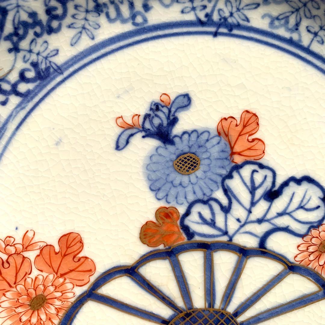 ★貫入有★大聖寺伊万里　菊花微塵唐草文　中皿　金襴手　角福　18cm　5客セット