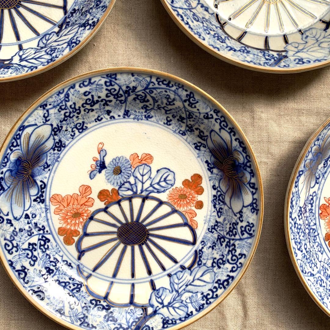 ★貫入有★大聖寺伊万里　菊花微塵唐草文　中皿　金襴手　角福　18cm　5客セット