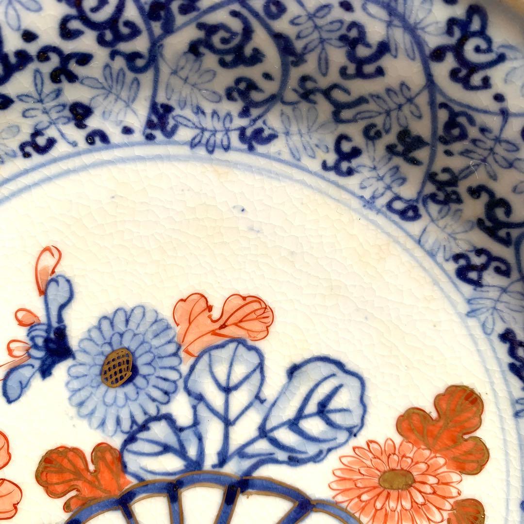 ★貫入有★大聖寺伊万里　菊花微塵唐草文　中皿　金襴手　角福　18cm　5客セット