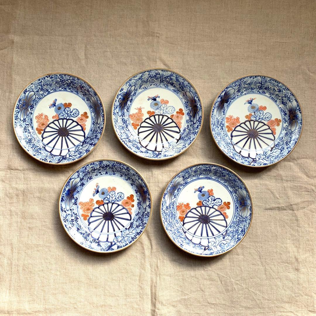 ★貫入有★大聖寺伊万里　菊花微塵唐草文　中皿　金襴手　角福　18cm　5客セット