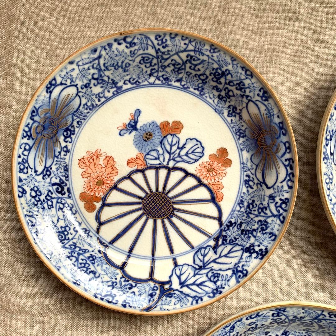 ★貫入有★大聖寺伊万里　菊花微塵唐草文　中皿　金襴手　角福　18cm　5客セット