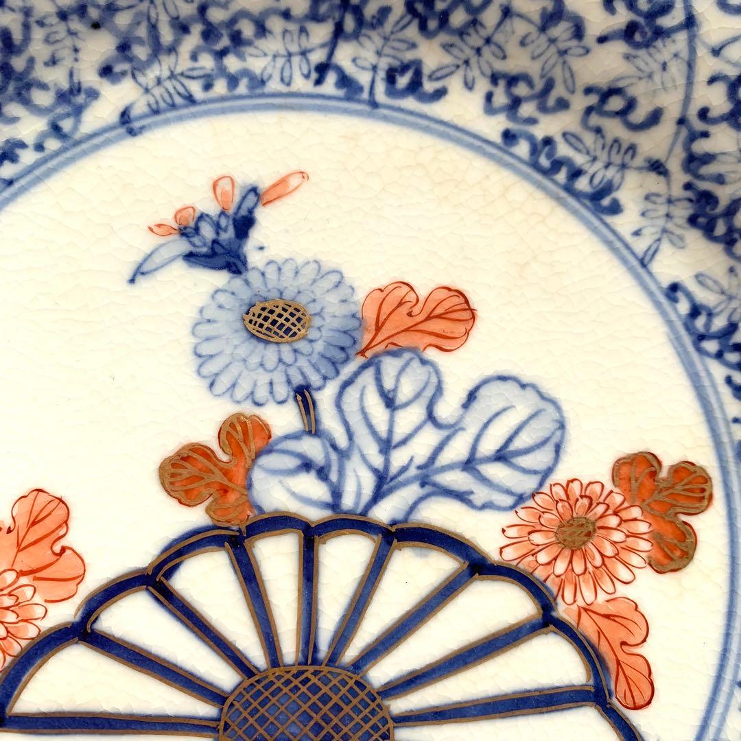 ★貫入有★大聖寺伊万里　菊花微塵唐草文　中皿　金襴手　角福　18cm　5客セット