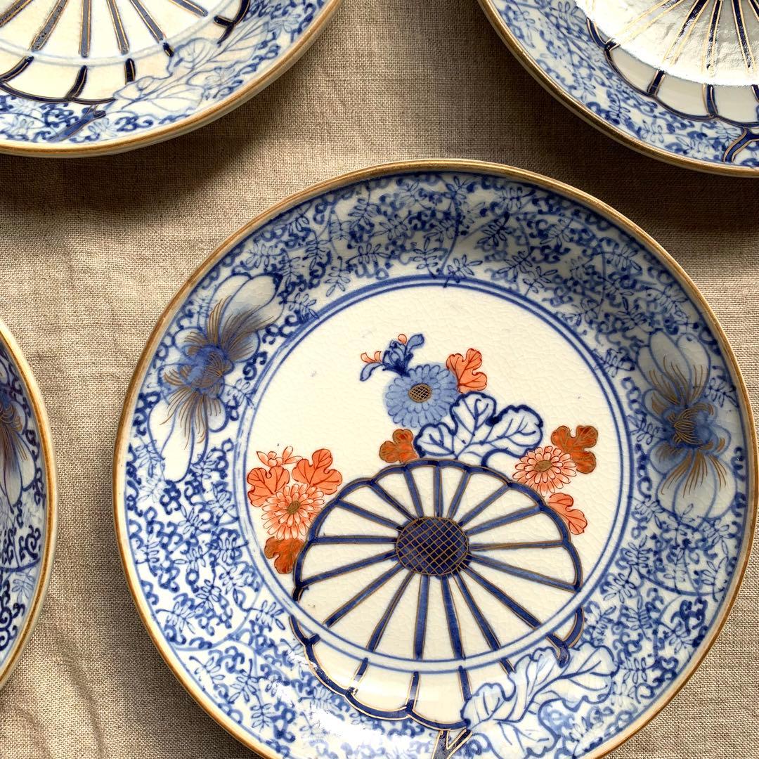 ★貫入有★大聖寺伊万里　菊花微塵唐草文　中皿　金襴手　角福　18cm　5客セット