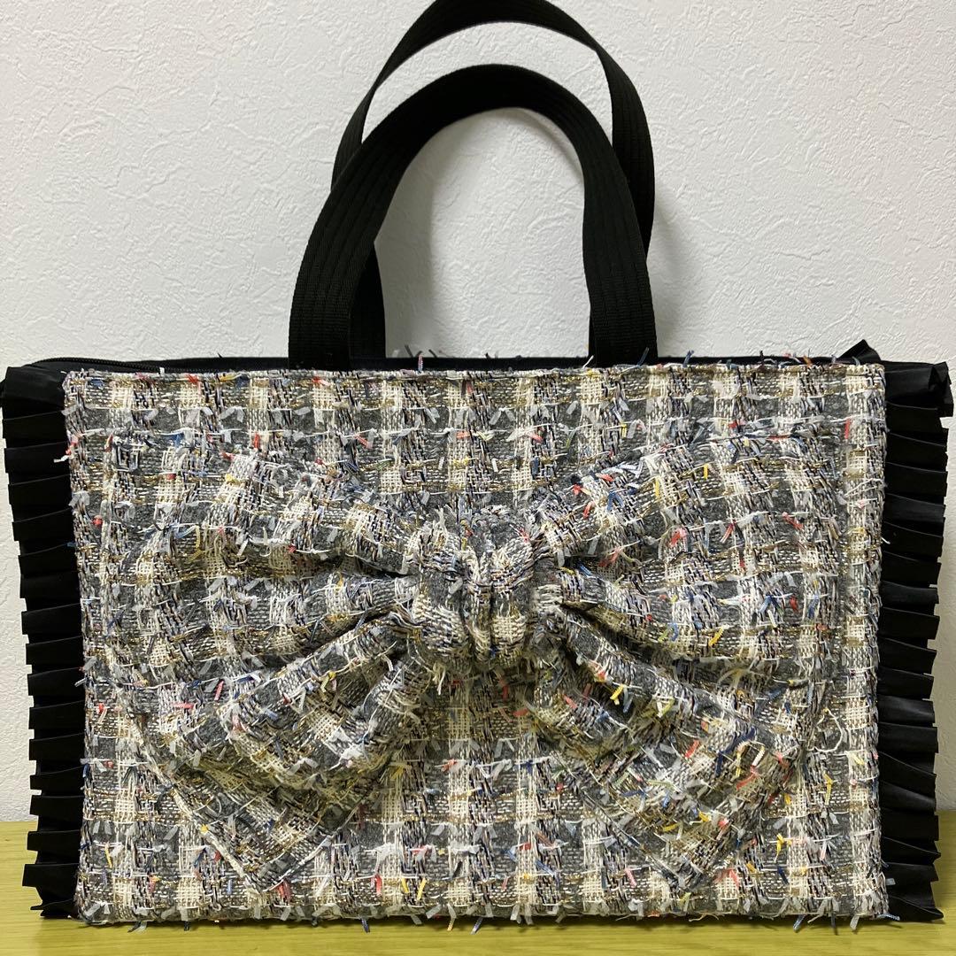 フリルバック　ビッグリボンバック　ツイードバッグ　横40×縦28×マチ12cm