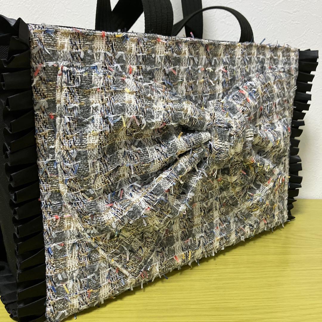 フリルバック　ビッグリボンバック　ツイードバッグ　横40×縦28×マチ12cm