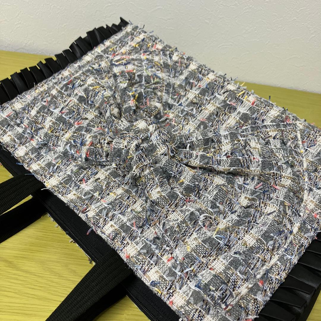 フリルバック　ビッグリボンバック　ツイードバッグ　横40×縦28×マチ12cm