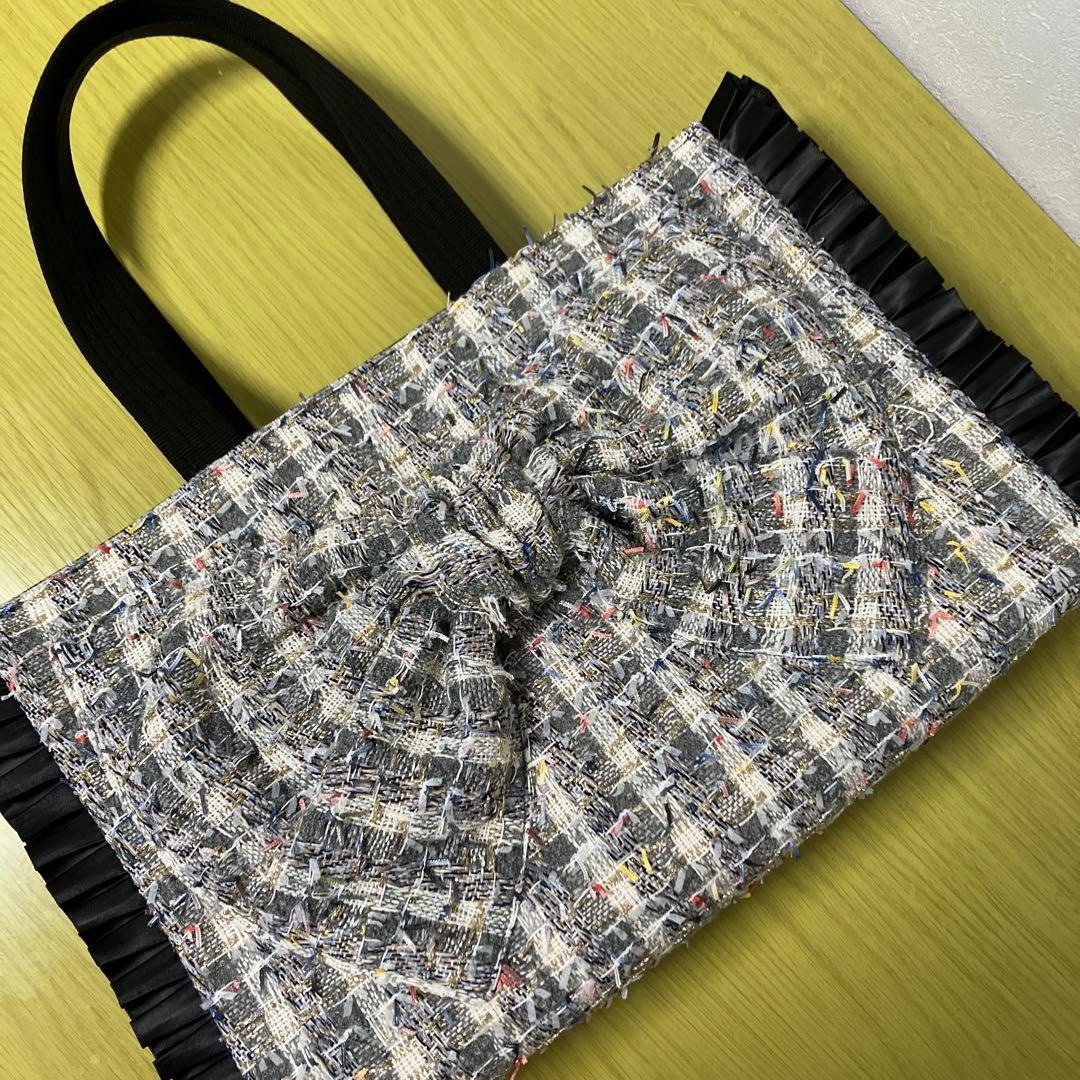 フリルバック　ビッグリボンバック　ツイードバッグ　横40×縦28×マチ12cm