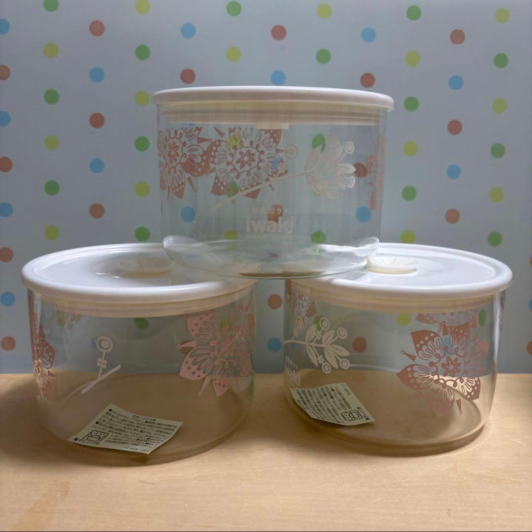 イワキ 密閉パック＆レンジ ５点セット ピンク 蓋付きガラス容器