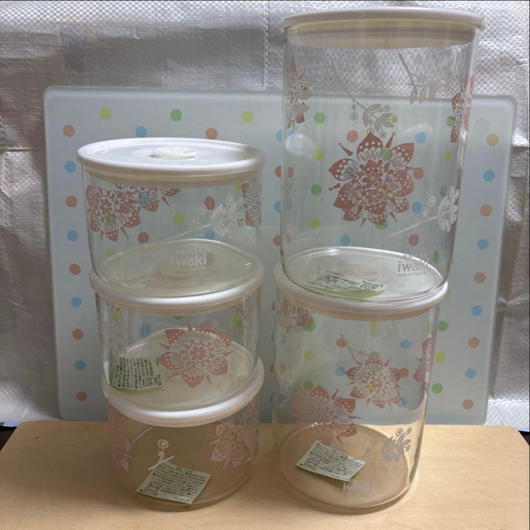 イワキ 密閉パック＆レンジ ５点セット ピンク 蓋付きガラス容器