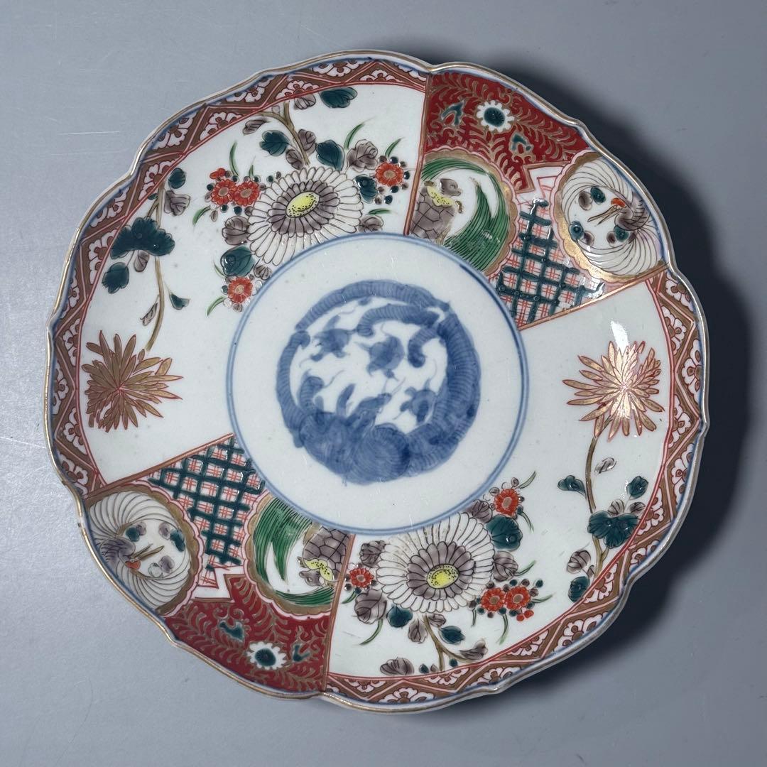 古伊万里　色絵七寸輪花形皿　冨貴長春　円龍　植物　鶴亀　直径21.6cm　江戸期